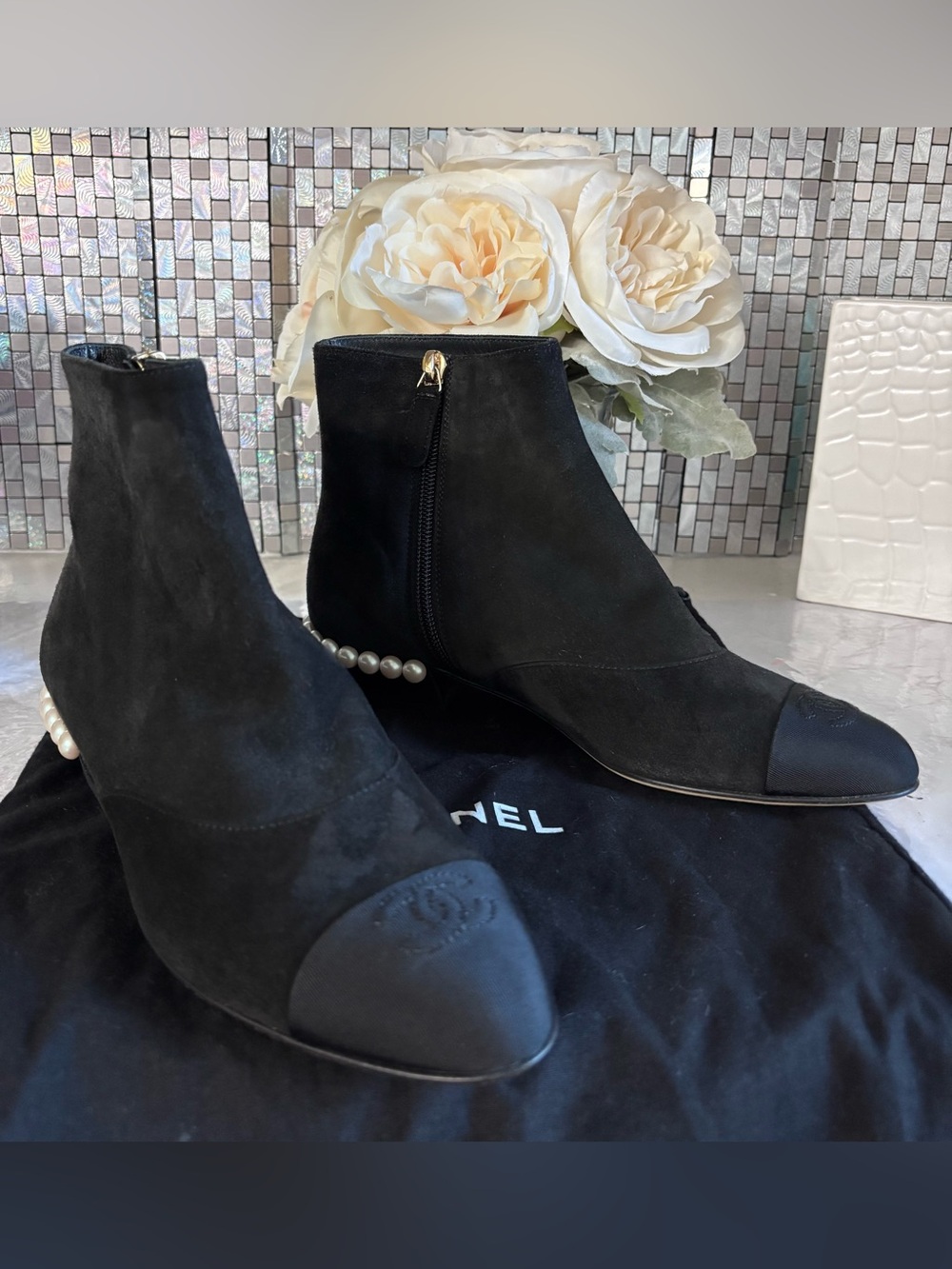 CHANEL Black Suede Pearl-Trim Ankle Boots